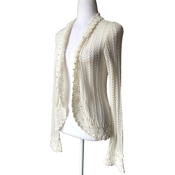 Crochet Open Front Cardigan Sz S Fairy Cottage Boho Wood Beads Scalloped NWT - Picture 2 of 14